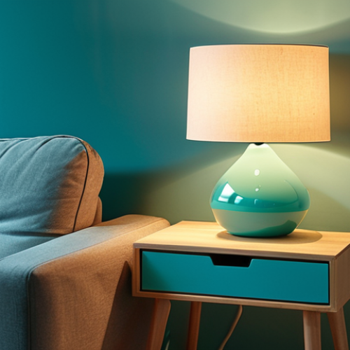 A minimalist Swedish living room at dusk. Dimmable warm LED lighting at 2700K illuminates a cozy space. Integrated LED strips under a side table create a soft glow. Focus on the harmony of light and shadows, with minimal visible cords. Accent lighting highlights a turquoise table lamp adding a pop of color.