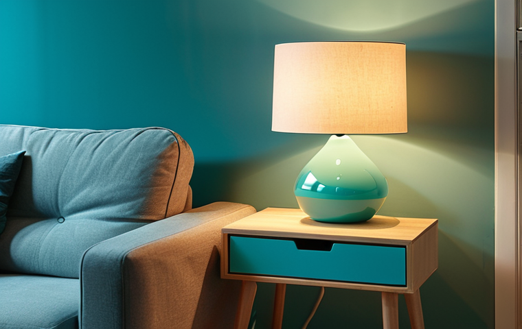 A minimalist Swedish living room at dusk. Dimmable warm LED lighting at 2700K illuminates a cozy space. Integrated LED strips under a side table create a soft glow. Focus on the harmony of light and shadows, with minimal visible cords. Accent lighting highlights a turquoise table lamp adding a pop of color.